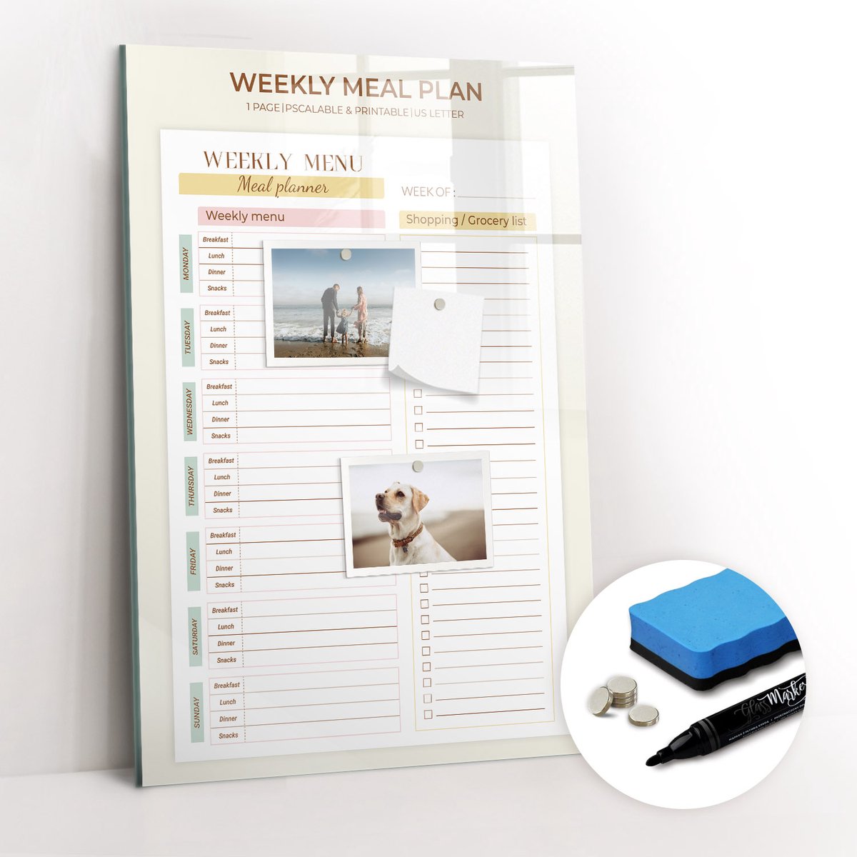 Tulup Whitebord - Maaltijdplanner voor een dieet - 40 x 60 cm - Geel Memobord Keuken - Gratis 5 Sterke Magneten + Whiteboard Marker & Wisser - Scandinavisch Design Bord - Memobord Glas - Notitiebord Werkplek