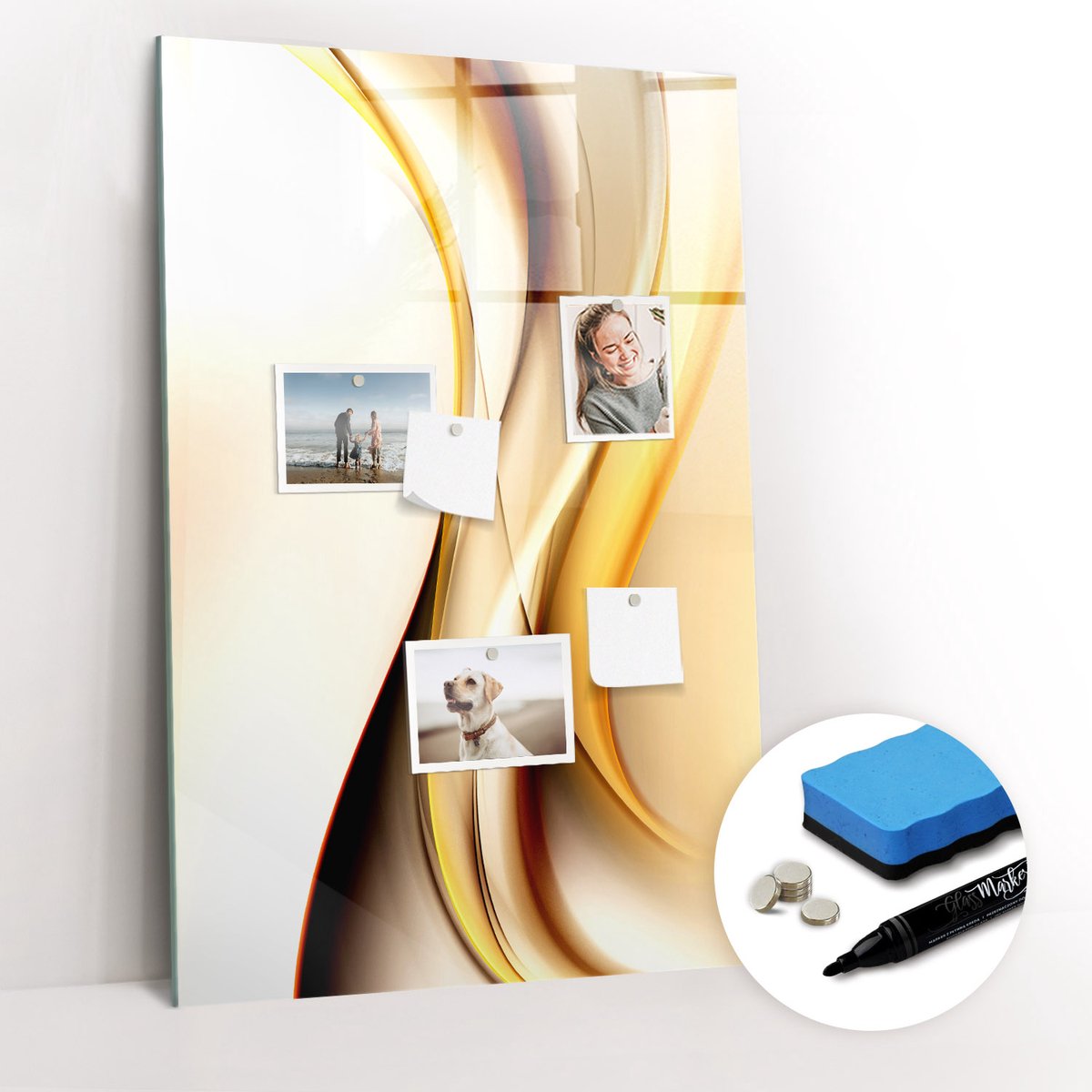 Tulup Whitebord - Gouden Golf Abstractie - 60 x 90 cm - Geel Memobord Glas - Gratis 5 Sterke Magneten + Whiteboard Marker & Wisser - Scandinavisch Design Bord - Memo Bord - Planning Muur