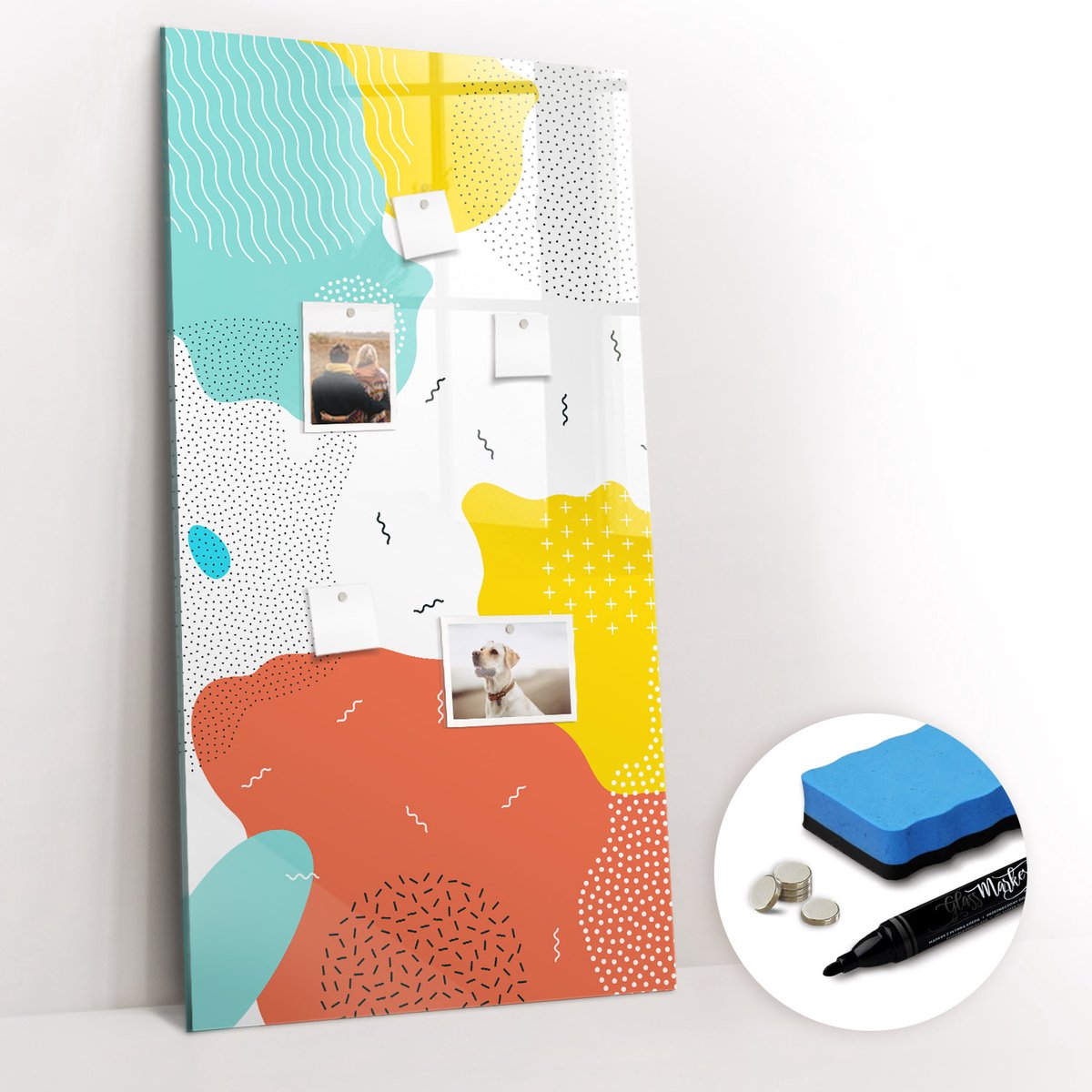 Tulup Whitebord - Abstracte krabbels - 60 x 120 cm - Veelkleurig Memobord Glas - Gratis 5 Sterke Magneten + Whiteboard Marker & Wisser - Design Memobord - Foto Magneetbord - Ideeënbord Thuiswerkplek