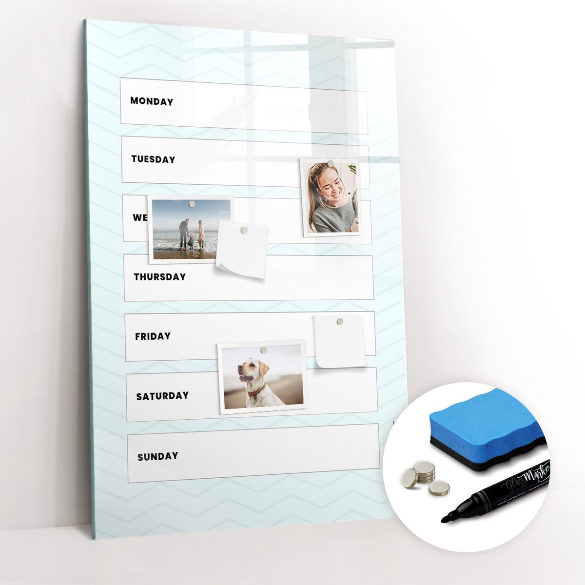 Tulup Whitebord - Weekplanner - 60 x 90 cm - Blauw Magneetbord Foto - Gratis 5 Sterke Magneten + Whiteboard Marker & Wisser - Wanddecoratie Kantoor - Memobord Glas - Inspiratiebord Kantoor