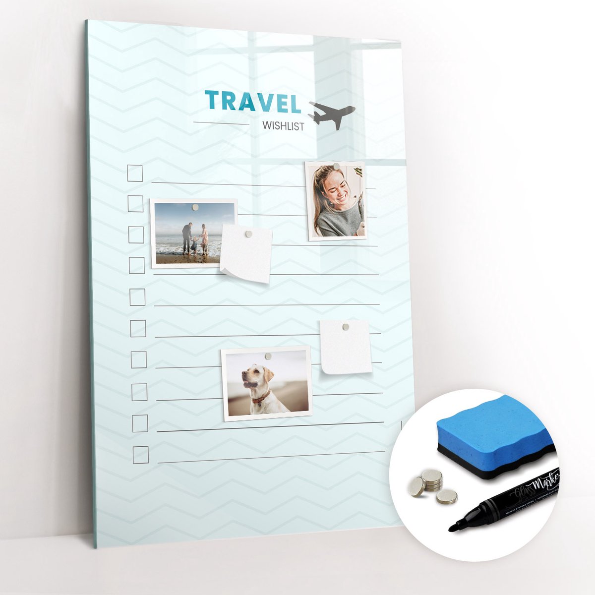 Tulup Whitebord - Reisplanner - 60 x 90 cm - Blauw Magneetborden voor vakantiemagneten - Gratis 5 Sterke Magneten + Whiteboard Marker & Wisser - Moderne Wanddecoratie - Memo Magneetbord - Notitiebord Werkplek