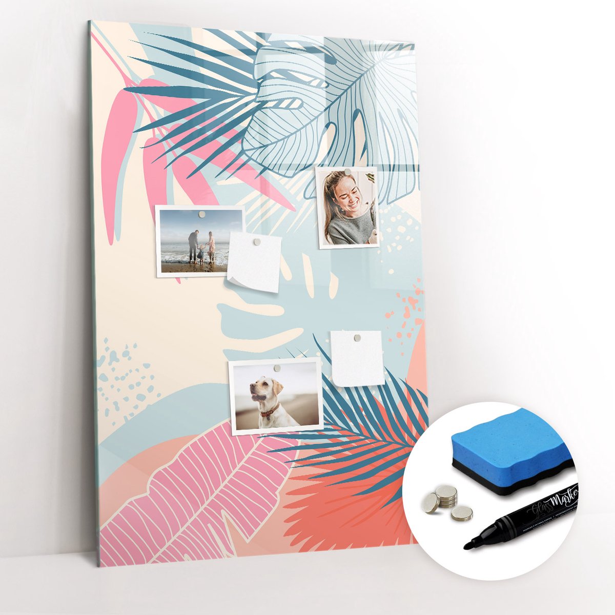 Tulup Whitebord - Pastelkleurige bladeren - 60 x 90 cm - Veelkleurig Magnetisch Wandbord - Gratis 5 Sterke Magneten + Whiteboard Marker & Wisser - Organizer Muur - Memobord Magnetisch - Organiseer Je Bureau