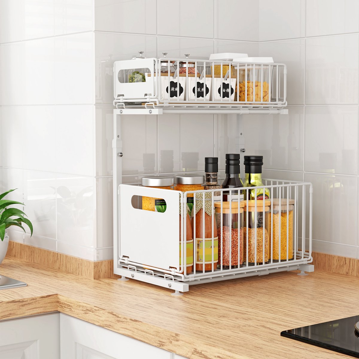 PIPIPOXER Gootsteenkast Organizer - Keukenkast organizer - Gootsteenrek – Dubbellaags Opbergrek – Schuiflades - Kast Organizer–Metaal – Antislip- Badkamer organizer - Lade - Wit