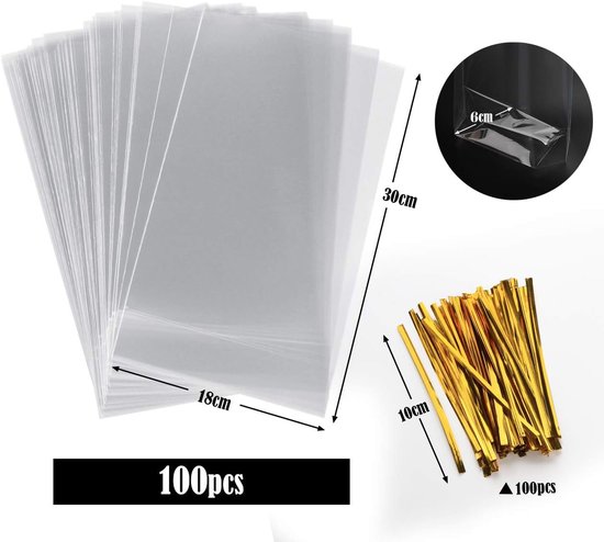 100 zakken met bodem, 180 x 300 mm, 0PP, koekjeszakjes, gebakzakjes, transparante zakken, foliezakjes, cellofaanzakjes, cellofaanzakjes met 100 metalen bindbanden — afbeelding 2