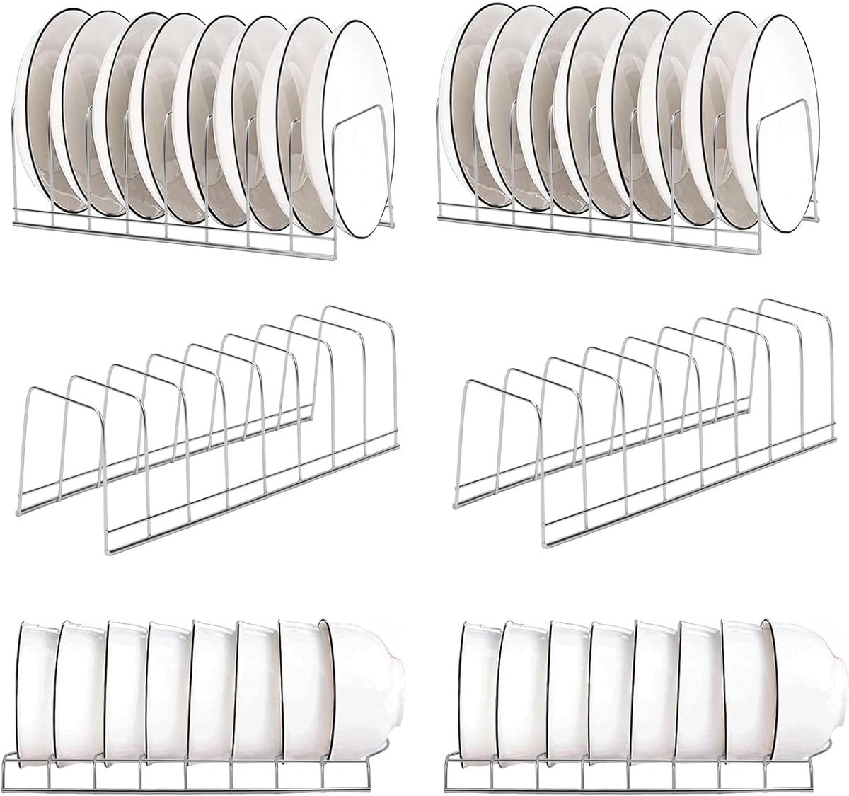 6-delige roestvrijstalen dekselorganizerset, bordenplank, schaal- en bord-organizer voor kasten, compacte komdroger, dekselhouder voor bakwaren, pannen, snijplanken en dienbladen