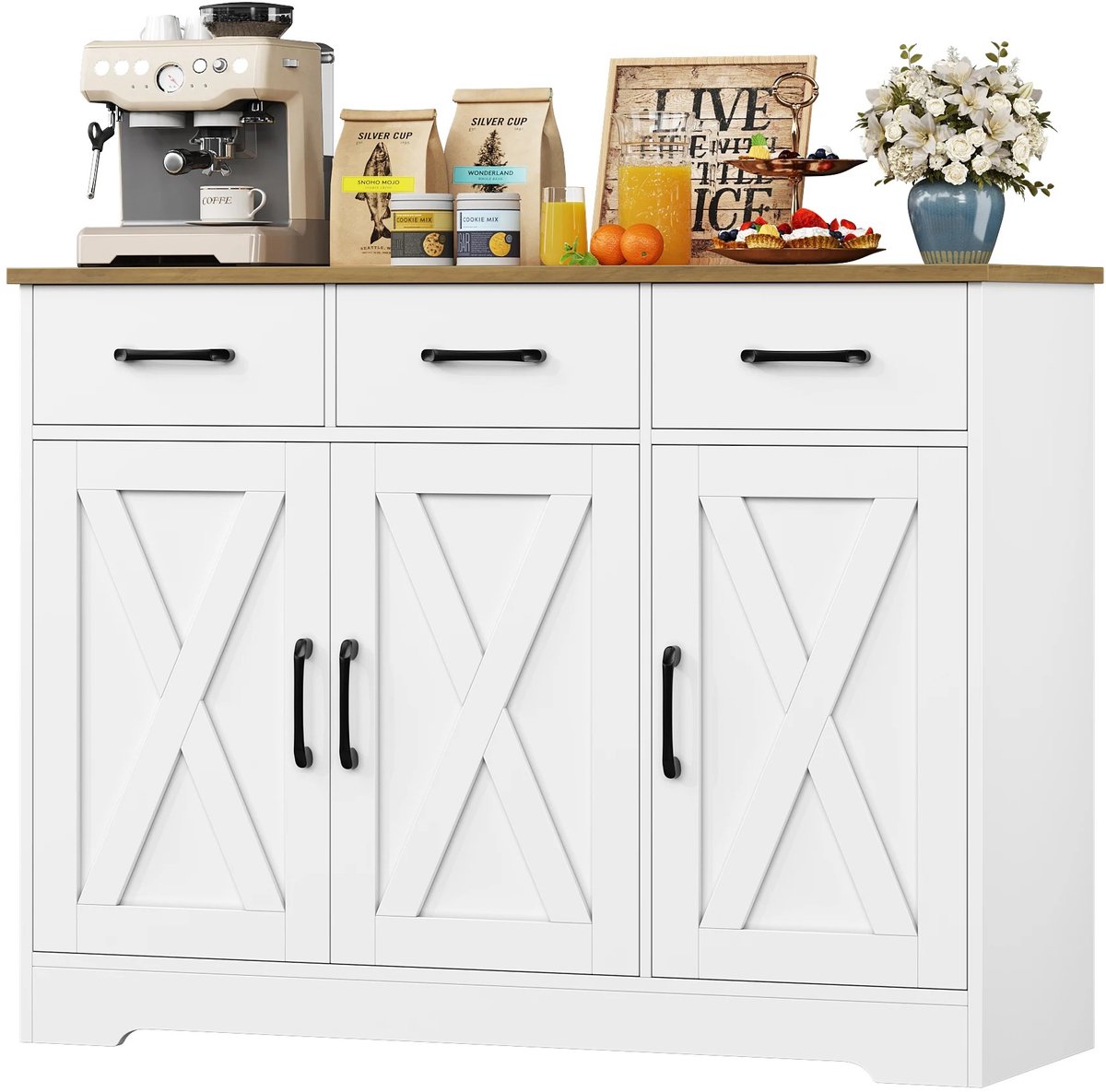 ITRONIQ Keukenkast Met 3 Lades en 3 Deuren - Buffetkast Met Opbergruimte - Opbergkast Met Verstelbare Planken - 108x39x81 CM - Wit