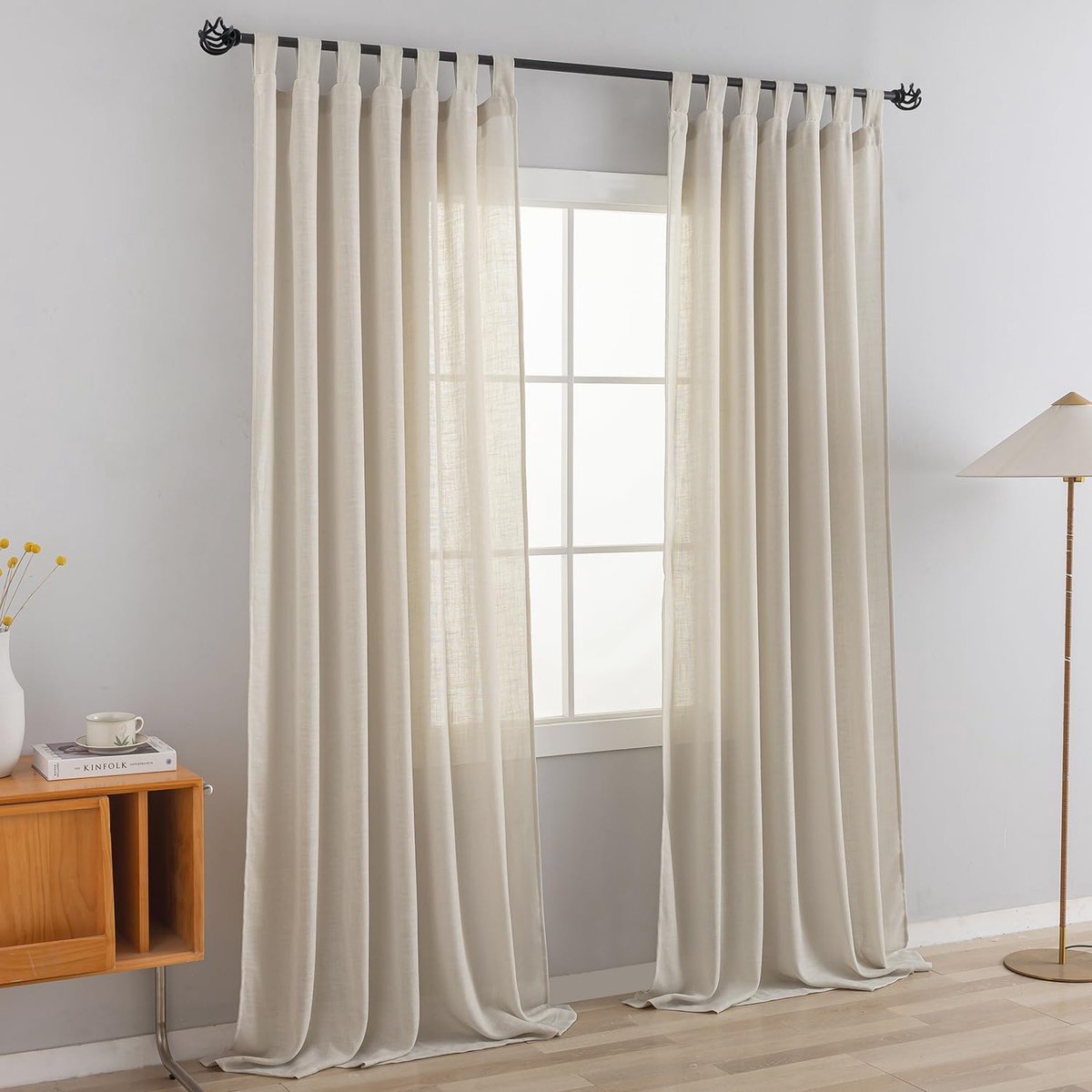 Gordijnen met lussen, gordijnen, set van 2 voor woonkamer, linnen-mix (beige, H220 x B140 cm)