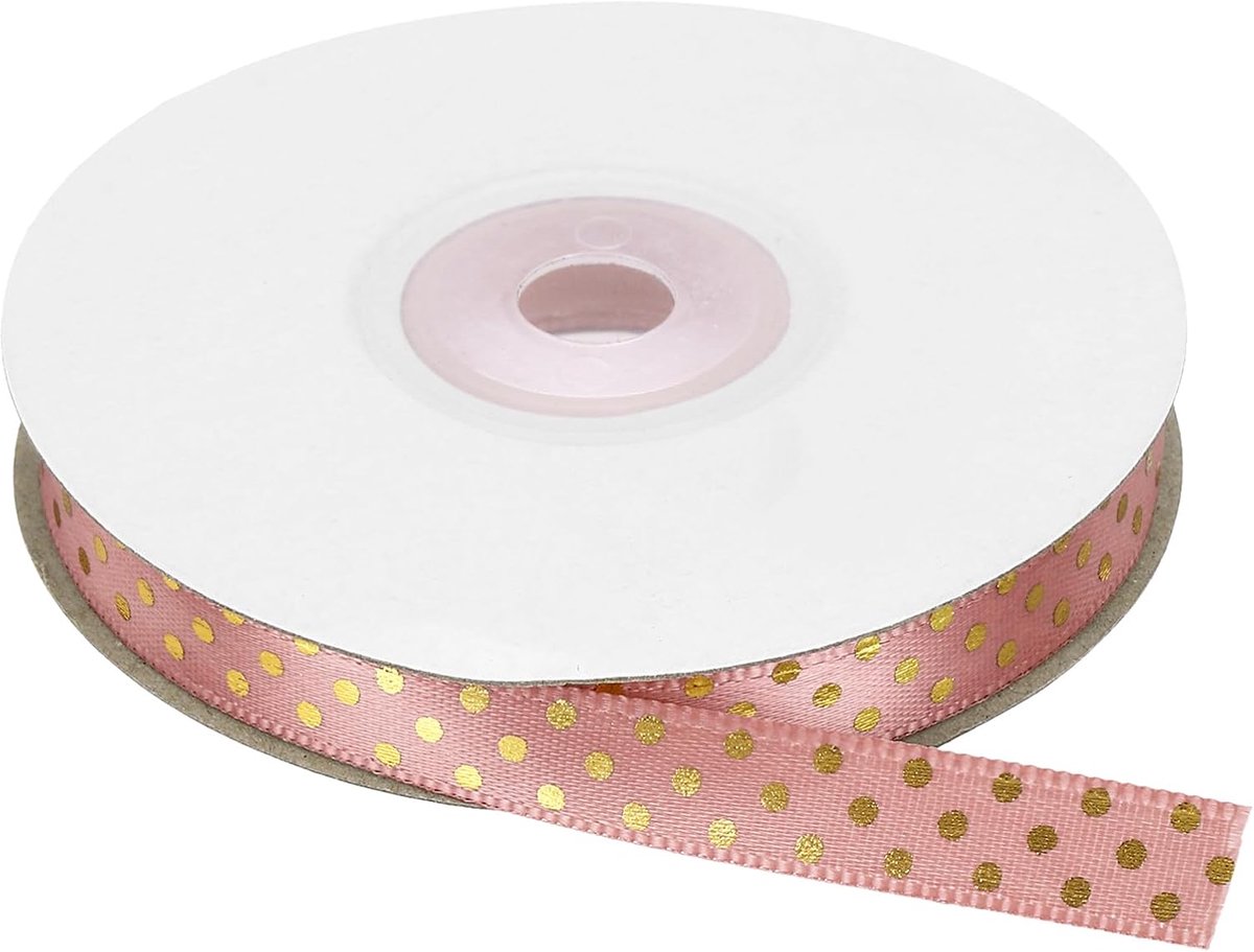 Linten, 7,5 m, donkerroze met gouden stippen, linten, decoratie voor knutselen, geschenkverpakking, bruiloft, doe-het-zelf handgemaakt