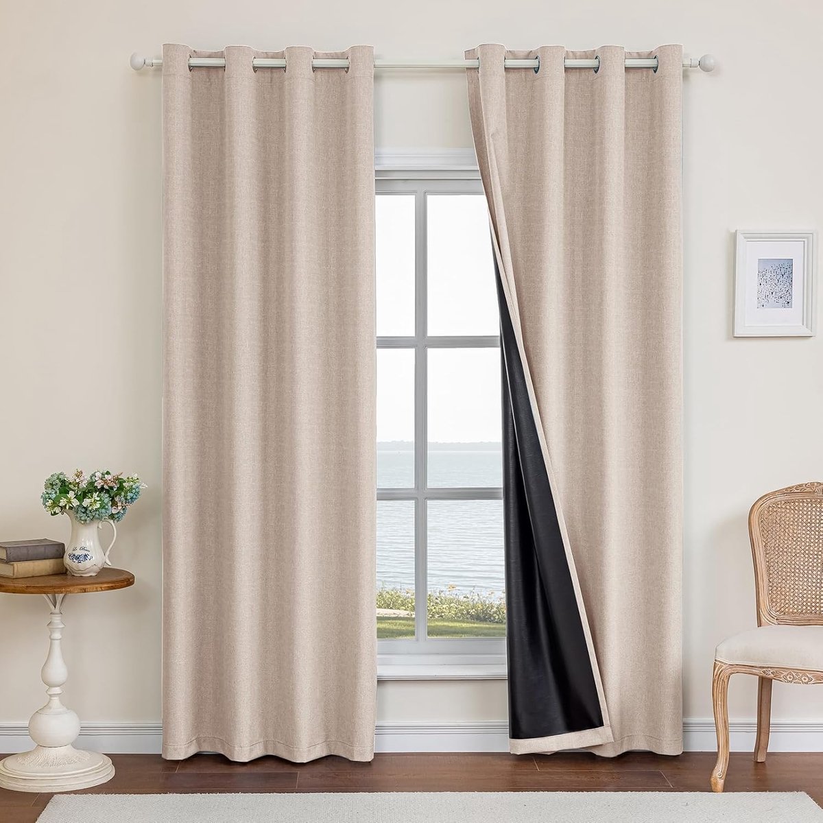 100% Verduisterend Linnen Effect Gordijnen Set Van 2, 140x260cm, Ondoorzichtig Warmte-Isolerende Thermische Gordijnen Met Ringen, Geluidsbescherming, Voor Slaapkamer Woonkamer, Lichtbruin