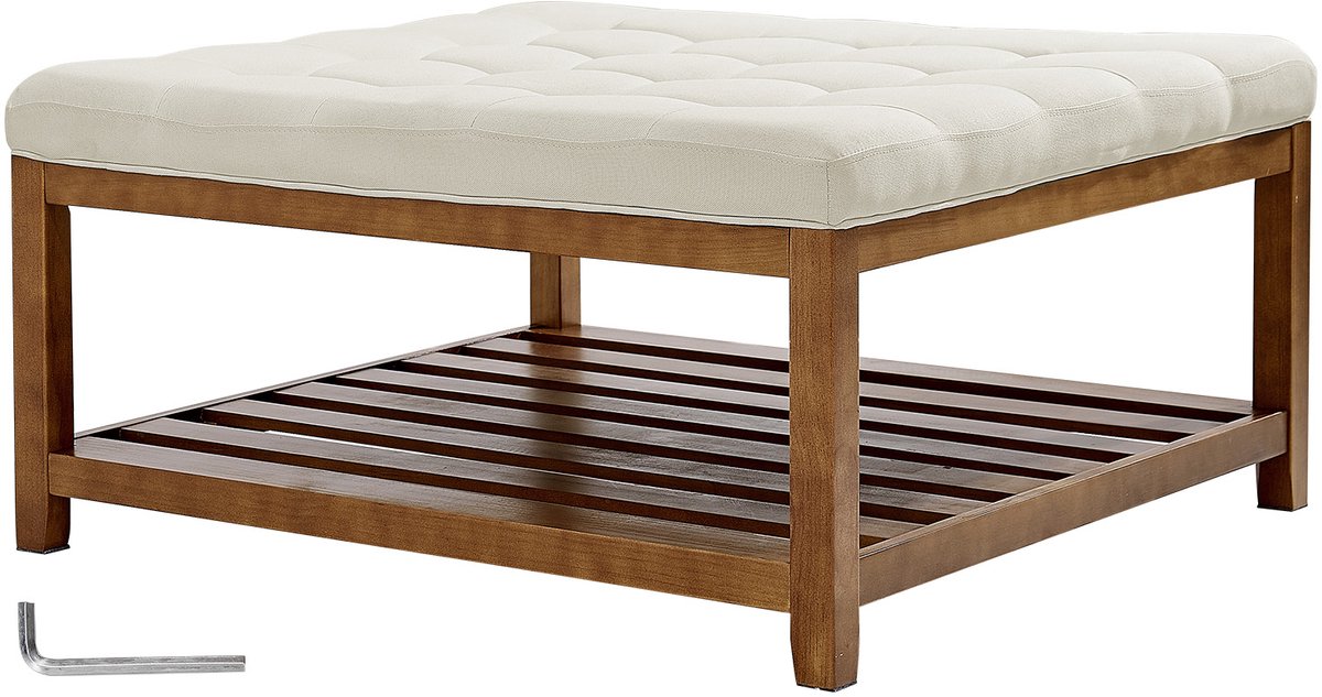Vierkante Salontafel (875 X 875 X 445 mm) met Houten Plank, Gestoffeerde Poef met Linnen Bekleding en Voetensteun, Geschikt voor Slaap- of Woonkamer, 181,44 kg, Crèmewit