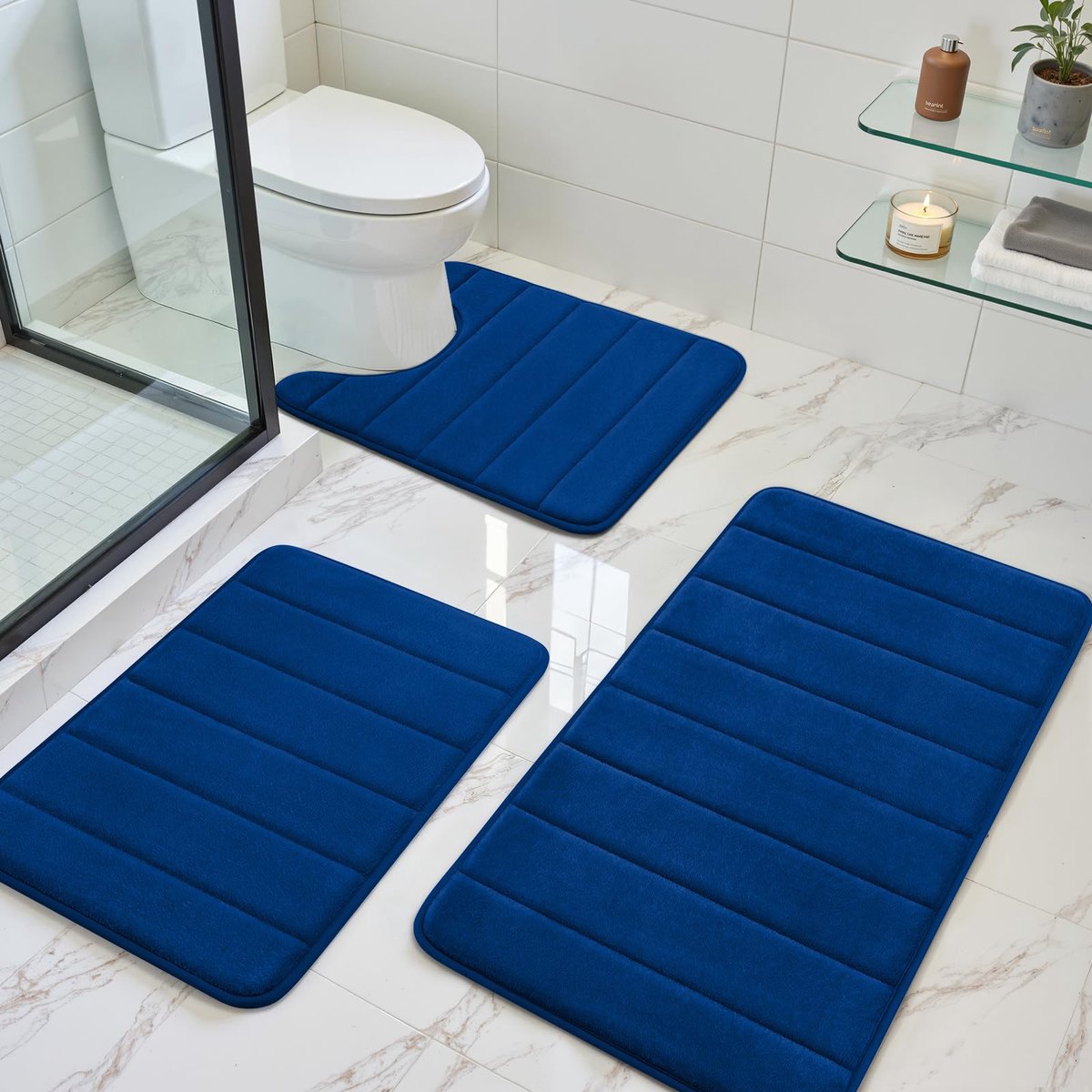 Marineblauwe badkamer tapijt set 3 stuk antislip extra absorberend Shaggy Memory Foam badkamer matten en tapijten sets, zachte en droge badmat sets voor badkamer wasbare tapijten set