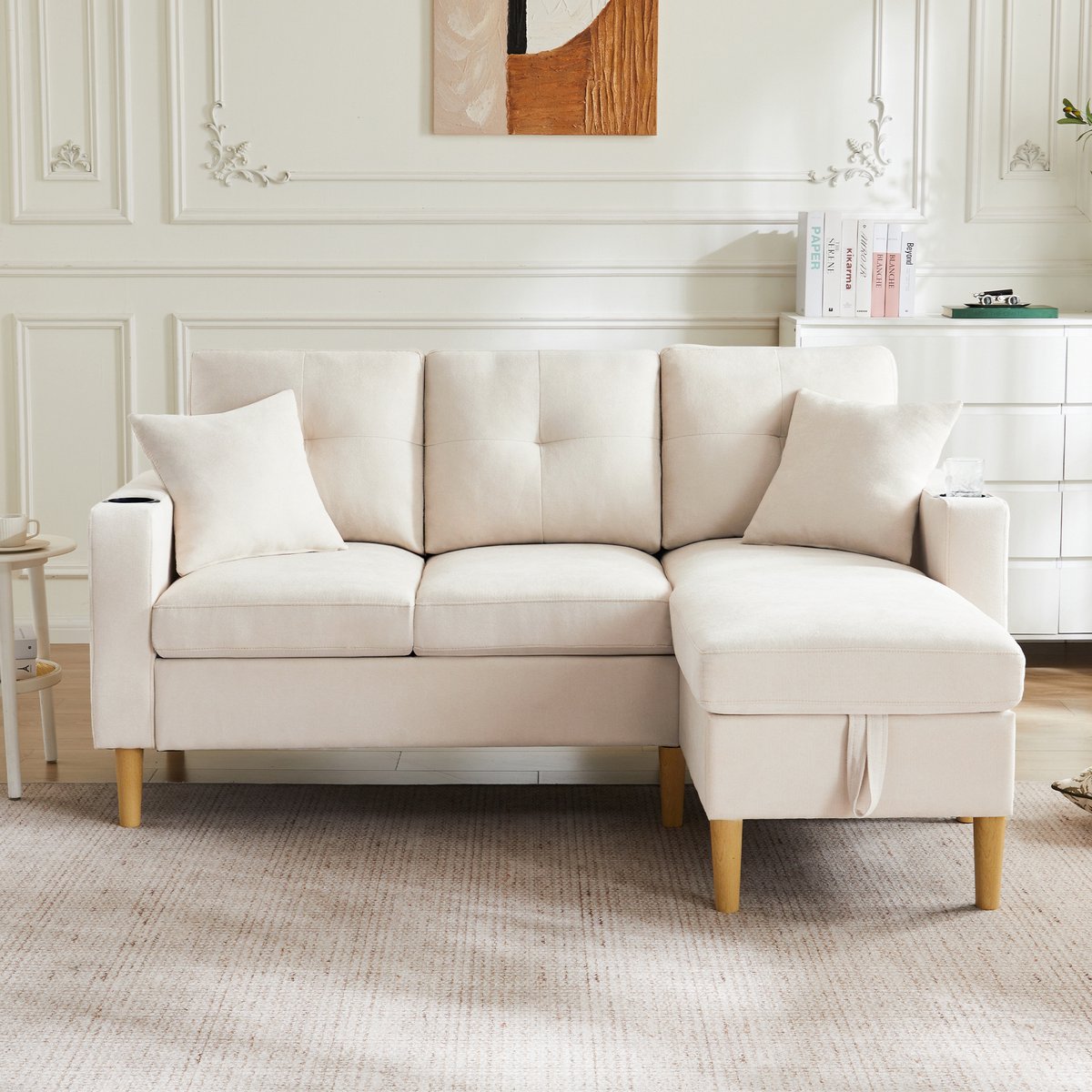 Merax L-vormige moderne sofa - driezitsbank met chaise longue - met opbergfunctie - ingebouwde bekerhouder - met 2 kussens - beige