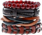 Zwarte leren armbanden set met rood bruine kralen