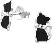 Joy|S - Zilveren kat poes oorbellen 5 x 10 mm zwart met kristal