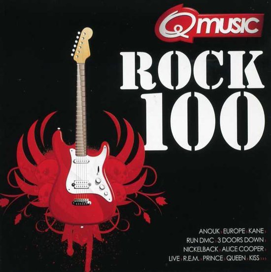 CD hoes met een rode elektrische gitaar en de tekst "Q music ROCK 100".