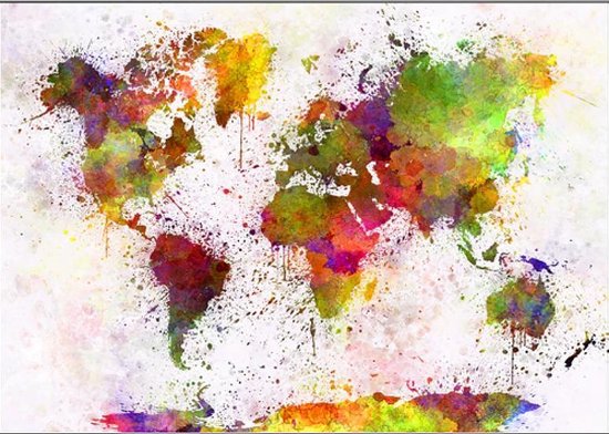 Canvas Schilderij * Grafitti Wereldkaart Landkaart Aquarel * - Moderne Kunst aan je Muur - Graffiti - Kleur - 70 x 100 cm