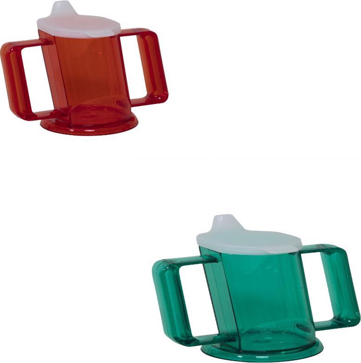 Handycup drinkbeker met tuit, set van 2 stuks, rood en groen.
