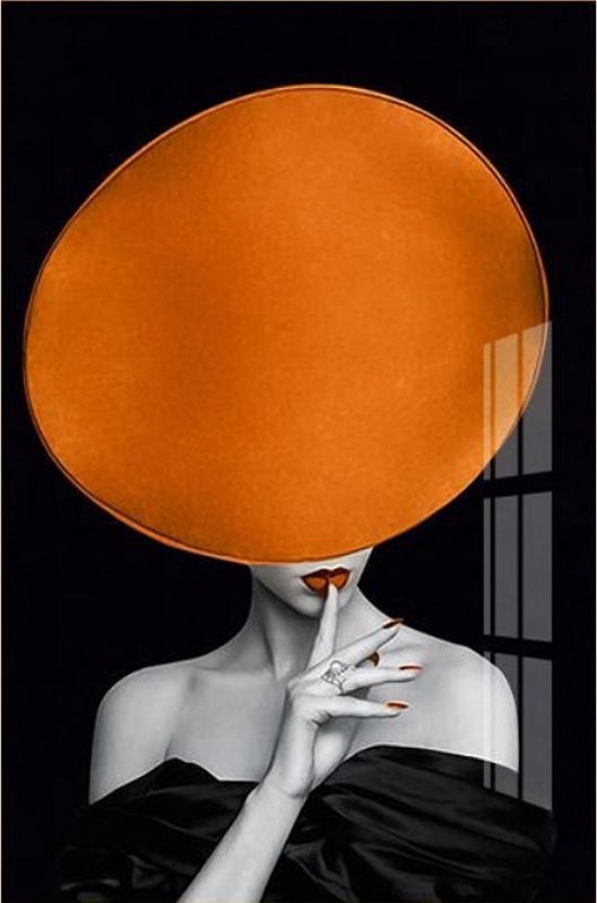 Peinture sur toile * Dame au chapeau énorme * - Art sur votre mur - Moderne - noir et blanc et orange - 50 x 75 cm