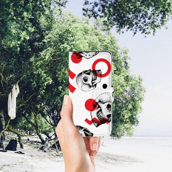 Coque Xiaomi Redmi 7A PU Cuir Premium Flip Case pour Crâne Rouge