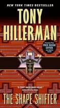 Boekomslag van 'The Shape Shifter' van Tony Hillerman met een Navajo-patroon en een Indiaanse figuur.