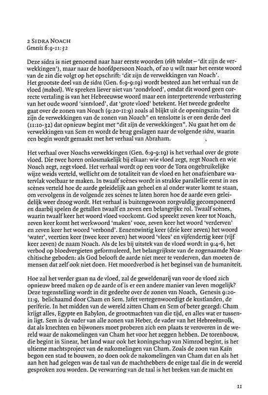 Boekpagina met de bespreking van de sidra 'Noach', de zondvloed en de uitleg van het woord 'vloed'.