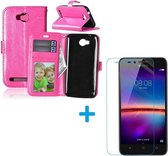 Huawei Y6 2 Compact Portemonnee hoes roze met Tempered Glas Screen protector