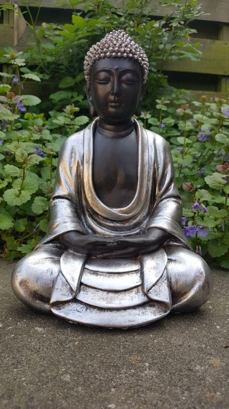 niets Magnetisch waterstof Japanse Boeddha - Beeld - Hoogte 25 cm - Polystone - Zwart/Zilver | bol.com