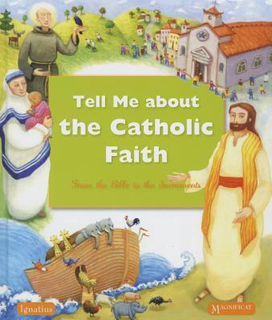 Livre 'Parlez-moi de la foi catholique' avec des illustrations de scènes bibliques et de saints.