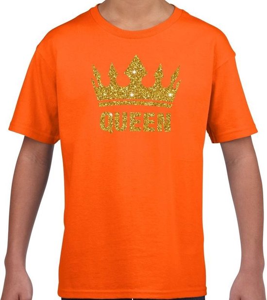 Oranje Queen gouden glitter kroon - t-shirt kinderen - Oranje Koningsdag kleding 146/152