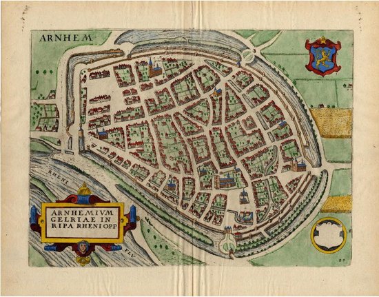 Mooie historische plattegrond, kaart van de stad Arnhem, door L. Guicciardini in 1612