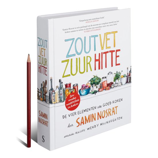 Rechte boekhoes met de titel 'ZOUT VET ZUUR HITTE' in grote, kleurrijke letters. Een illustratie van keukenbenodigdheden en ingrediënten staat onder de titel. Een rode potlood ligt ernaast.