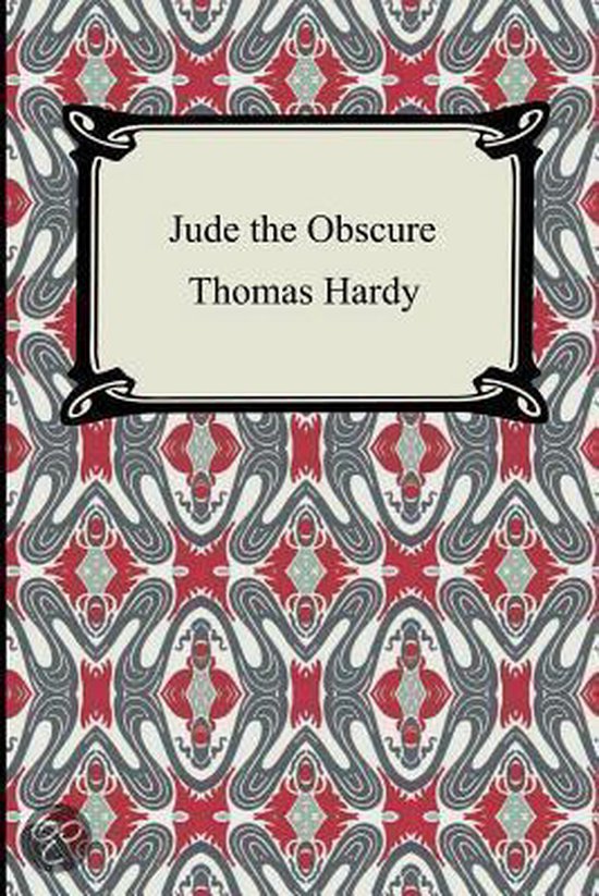 Boekomslag van 'Jude the Obscure' door Thomas Hardy, met een rood, grijs en crème geometrisch patroon.