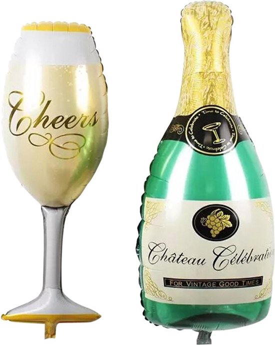 Folieballon Champagne met glas - Groot formaat - Helium