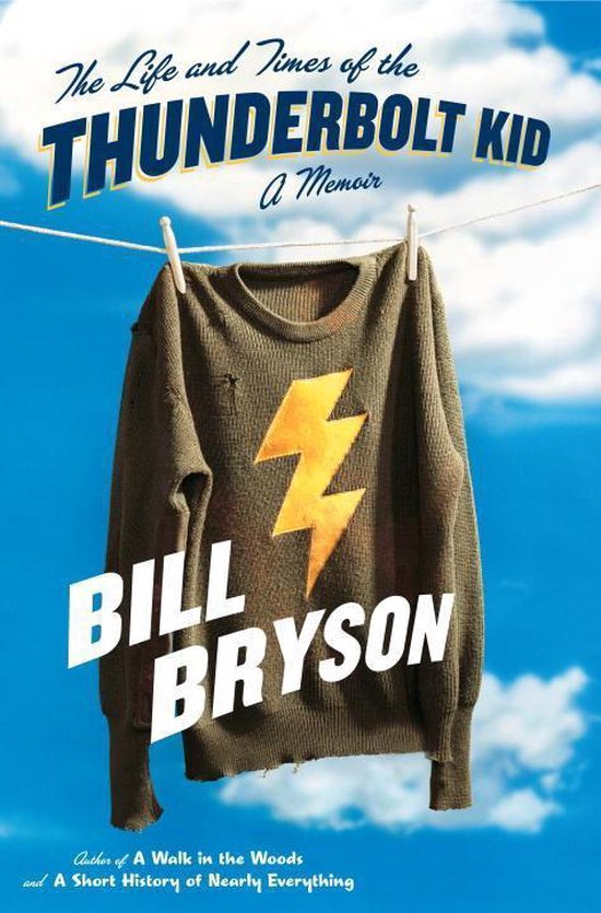 De Life and Times of the Thunderbolt Kid, een gebreide trui met een gele bliksem op een achtergrond van blauwe lucht.