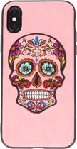Roze Borduurwerk Doodshoofd TPU Back Cover Hoesje voor iPhone X