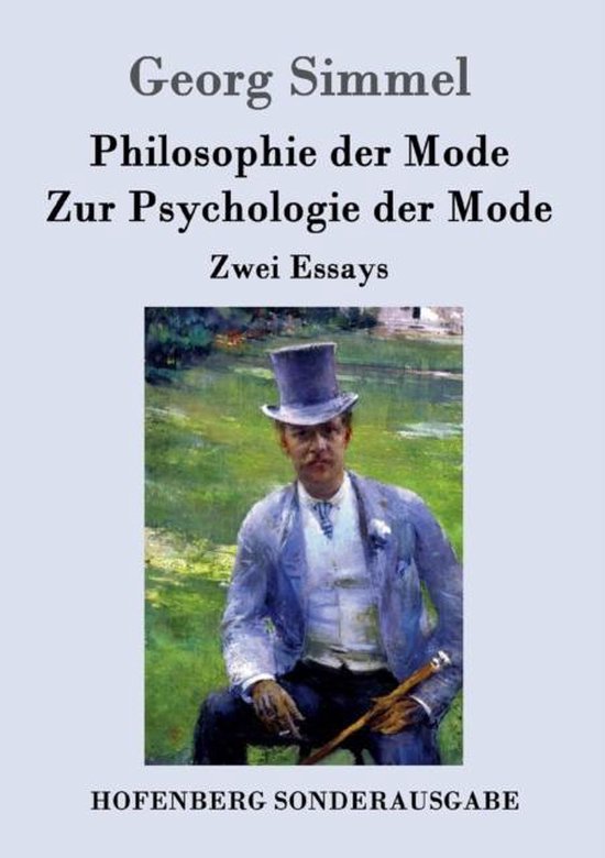 Livre 'Philosophie der Mode / Zur Psychologie der Mode' avec une peinture d'un homme en costume bleu avec un chapeau haut de forme.