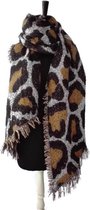 Warme winter luipaard panter leopard print dames sjaal zwart creme gemeleerd donker oker wollig acryl circa 66 x 195 cm