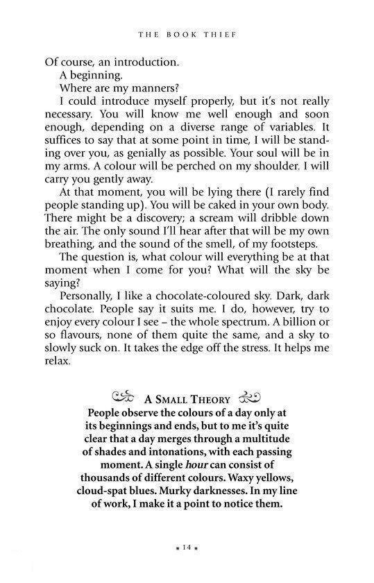 Fragment uit 'The Book Thief' over de kleuren van de dag, inclusief de tekst 'A SMALL THEORY'.