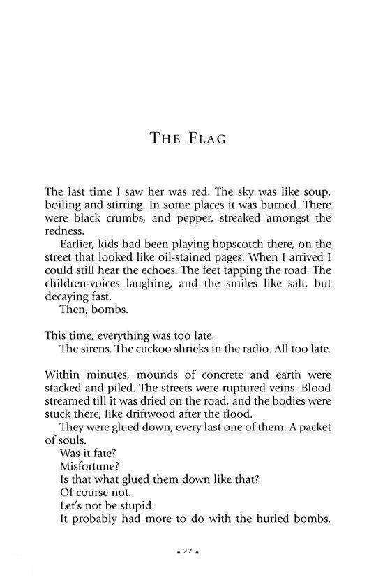 Fragment uit 'The Flag' over een rode, uitgebrande wereld, met voetstappen in de sneeuw en de tekst 'A REASSURING ANNOUNCEMENT'.