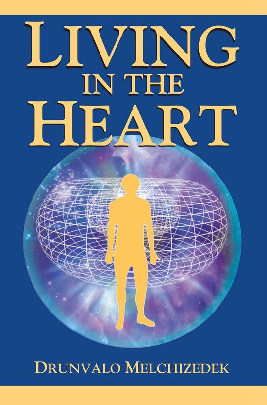 Couverture de livre 'Living in the Heart' avec texte jaune et silhouette humaine jaune à l'intérieur d'un cercle bleu avec une structure en grille.
