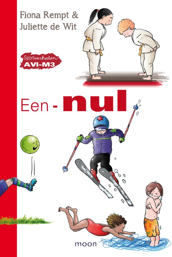 Boekomslag 'Een-nul' met illustraties van sportende kinderen: judo, skiën, zwemmen en een bal.