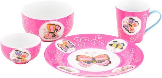 Rocaflor Cadeauset servies Vlinder roze (Bord/Kom/Kommetje en Mok)