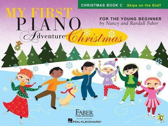 Boek 'My First Piano Adventure Christmas' met illustraties van spelende kinderen en kerstbomen op een ijsbaan.