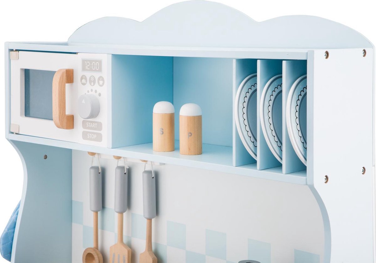 Woet® Houten Speelgoed Kinderkeuken - Speelkeukentje met Kookplaat met Licht en Geluid - Speelkeuken Blauw met Diverse Accessoires - Werkbladhoogte 55 cm - Rollenspel - Vanaf 3 Jaar — afbeelding 2