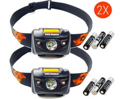 Hoofdlampen Set van 2 op Batterijen Inclusief 6x AAA batterij - 2x LED Hoofdlampje met Wit & Rood Licht - Hardlopen, Wandelen met hond & Noodpakket - 2x King Mungo KMHL003 Zwart