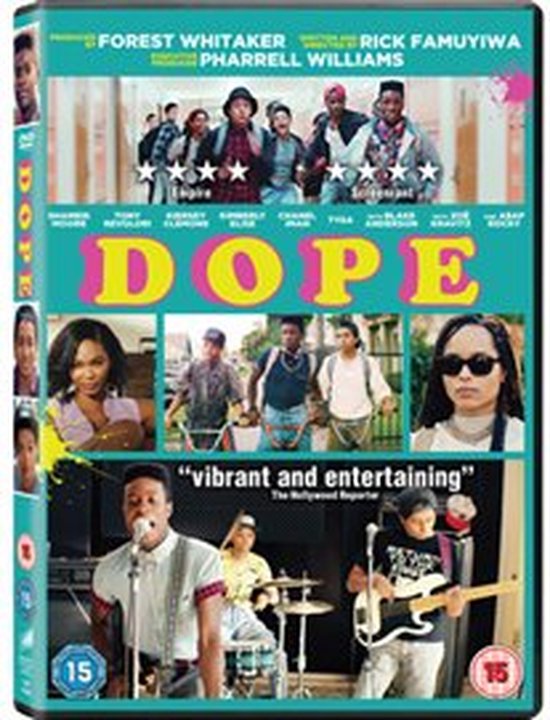 Voorkant DVD hoes van Dope met afbeeldingen van de cast en quotes "vibrant and entertaining".