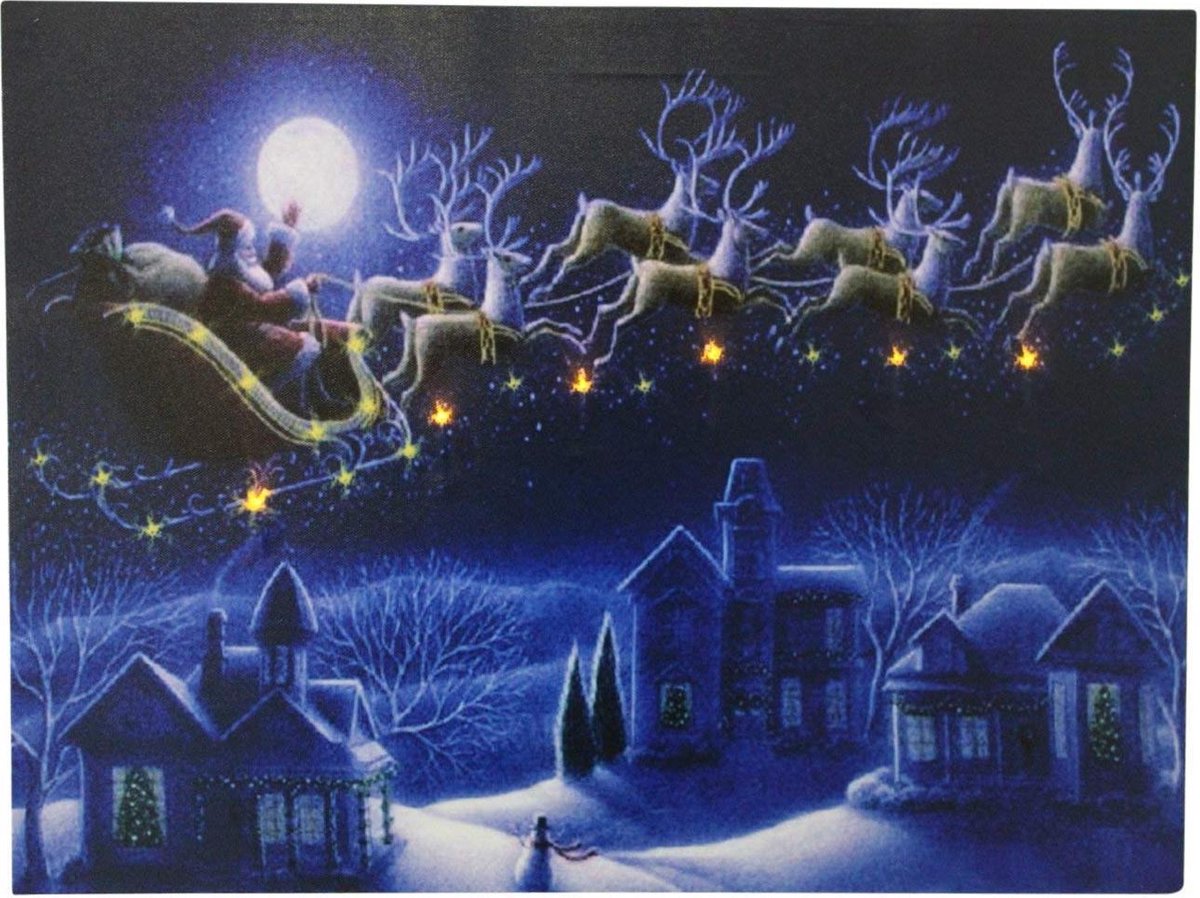 Canvas op houten frame Kerstman op arrenslee met rendieren met 6 led lampjes Kerst