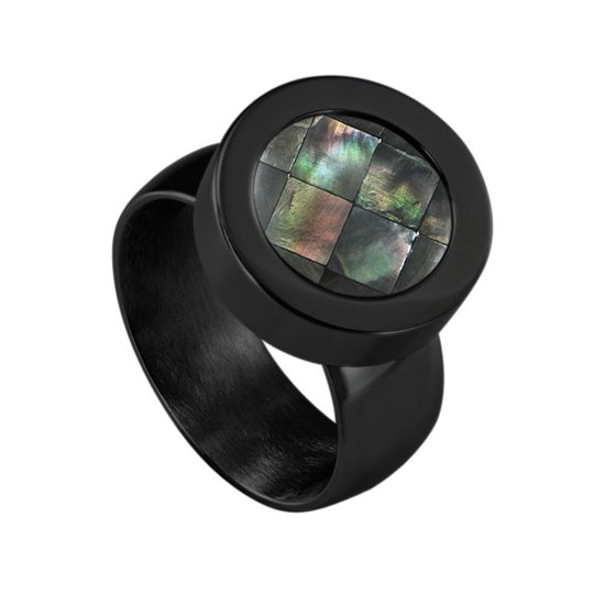 Quiges RVS Schroefsysteem Ring Zwart Glans 16mm met Verwisselbare Grijze Blokjes Schelp 12mm Mini Munt