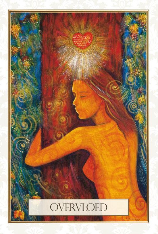 Vrouw met gouden huid omhelst boom. Rode hart-vormige zon schijnt boven haar hoofd. Met tekst 'OVERVLOED'.