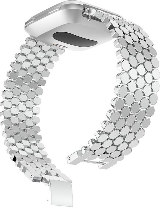 SmartphoneClip® Metaal schakel Bandje "Dots" Zilver geschikt voor Fitbit Versa (Versa 2, Versa Lite)